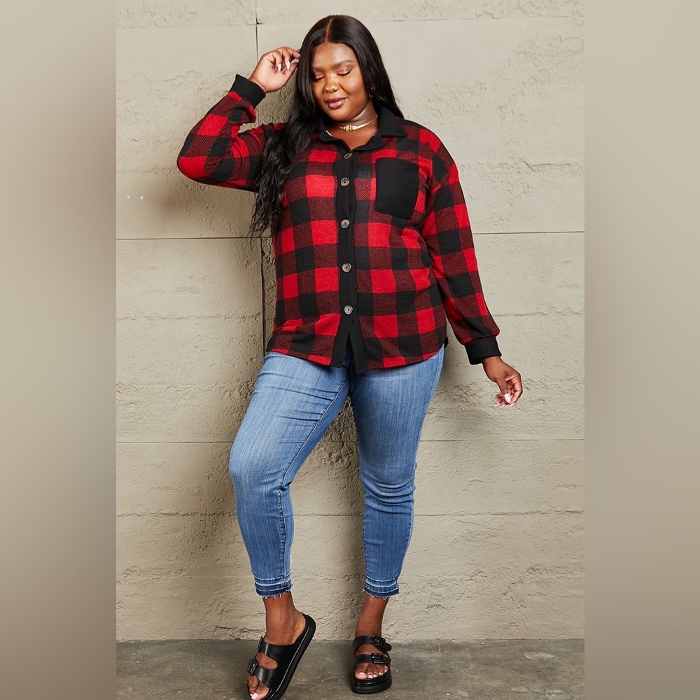 NEW Heimish Make It Last Plus Size Buffalo Plaid Button Up Shacket Shirt Jacket - Picture 5 of 5